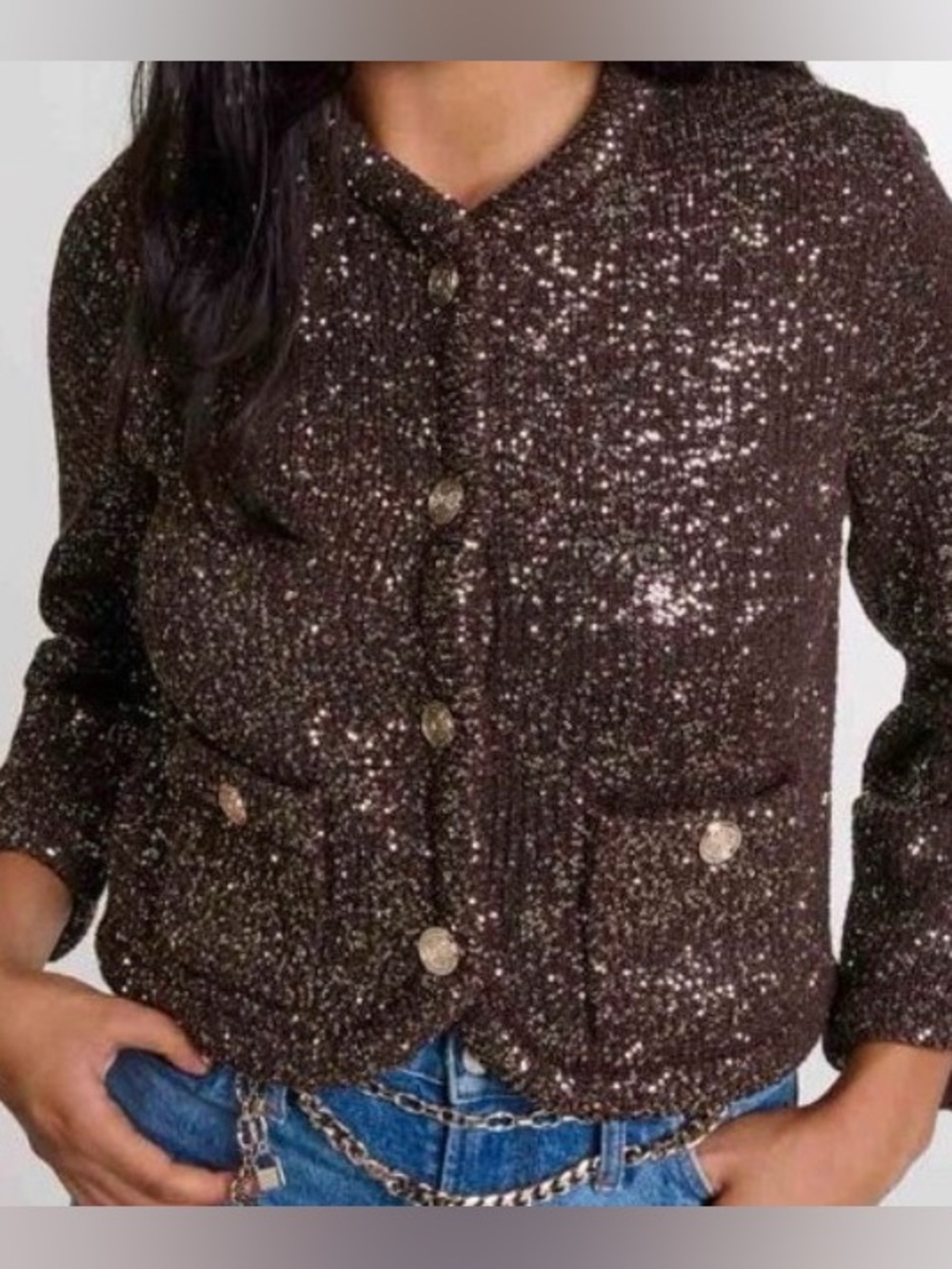 NWT Maje Brown With Gold Sequin Cardigan Jacket